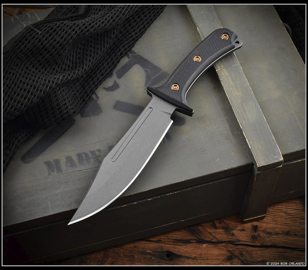 RMJ Tactical Jungle Combat fixed blade knife - shown out of sheath reverse.  Tungsten Cerakote Nitro-V stainless steel plain edge blade.  Black G-10 handle.  Model K-JC-NV-TU-BK.