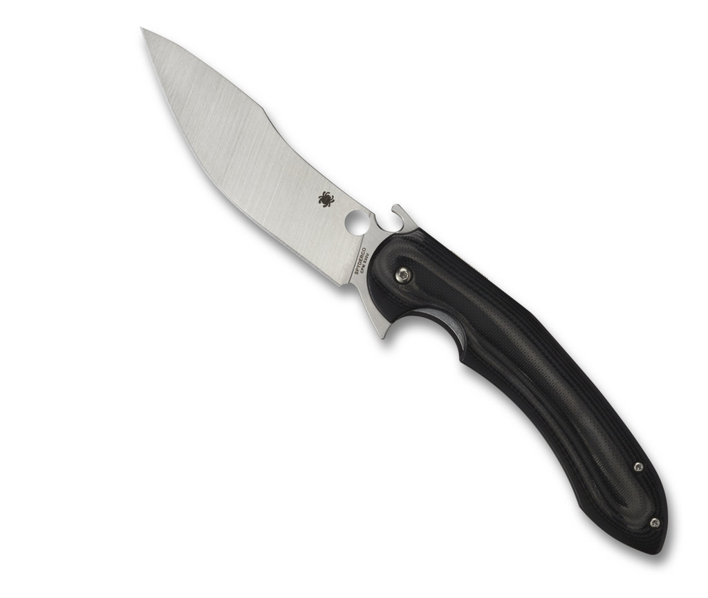 Spyderco Tropen folding knife with blade hole, Emerson Wave opener, and flipper tab - shown open presentation side.  Satin S30V stainless steel plain edge blade.  Black G-10 handle.  Model C237GP.