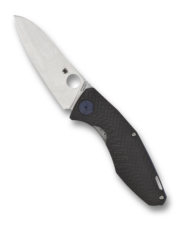Spyderco Drunken folding knife with thumb hole - shown open presentation side.  Satin S90V stainless steel plain edge blade.  Black carbon fiber handle with titanium lock side.  Model C235CFTIP.