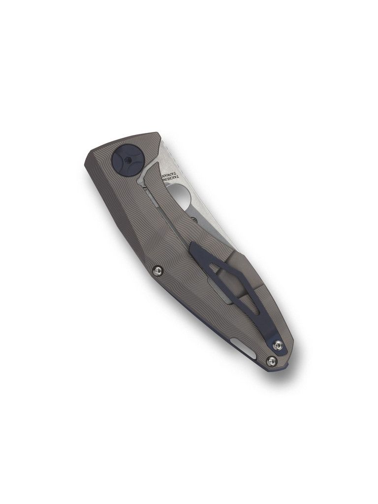 Spyderco Drunken folding knife with thumb hole - shown closed pocket clip side.  Satin S90V stainless steel plain edge blade.  Black carbon fiber handle with titanium lock side.  Model C235CFTIP.