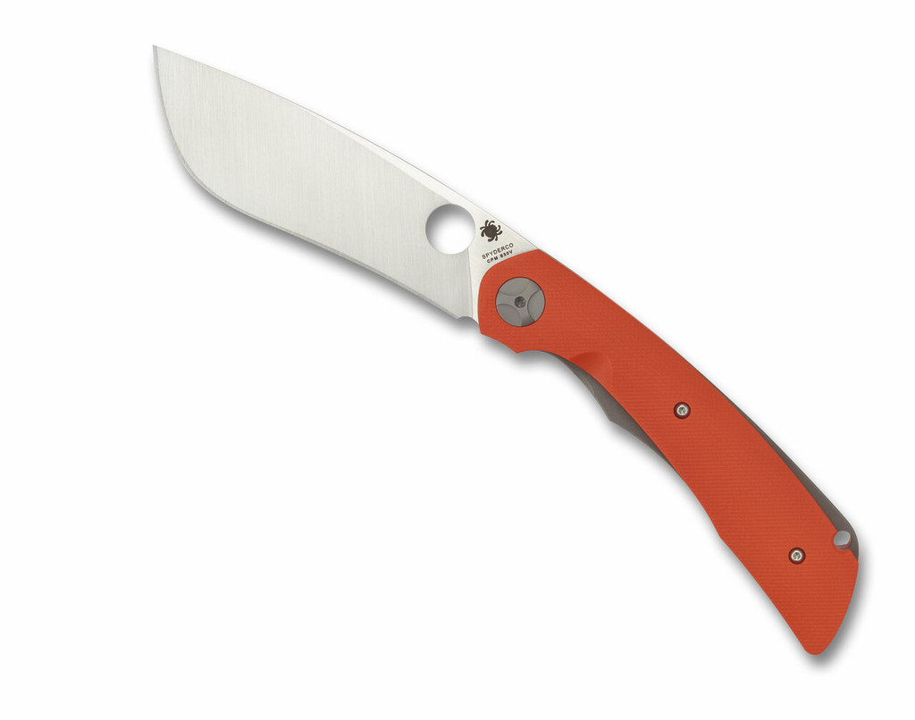 Spyderco Subvert folding knife with thumb hole - shown open presentation side.  S30V stainless steel plain edge blade.  Orange G-10 handle.  Model C239GPOR.