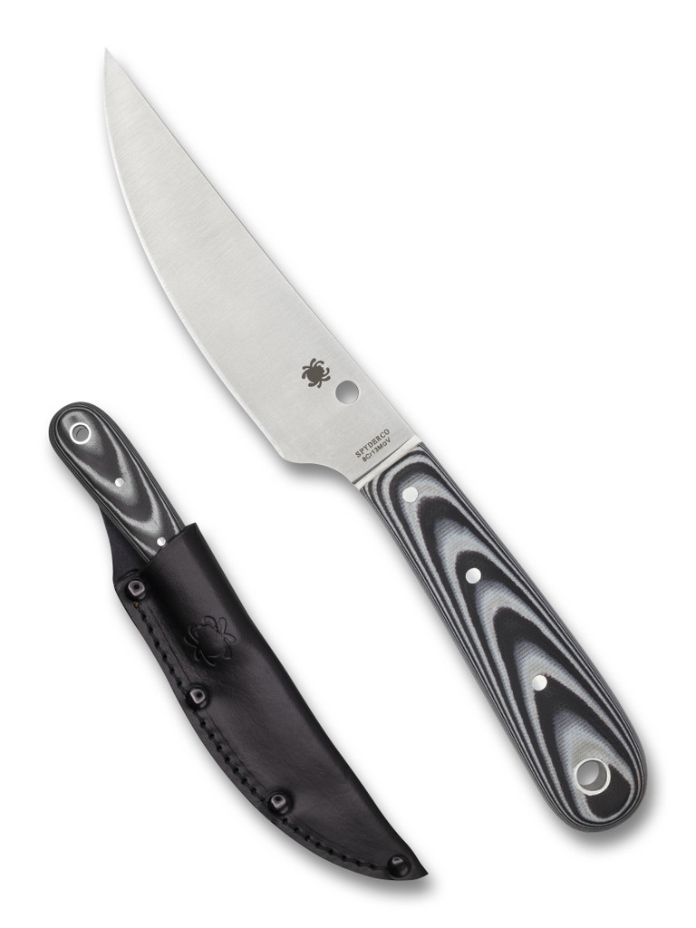 Spyderco Bow River fixed blade knife - shown out of sheath reverse and in sheath obverse.  Satin 8Cr13MoV stainless steel plain edge blade.  Black - Gray G-10 handle.  Model FB46GP.