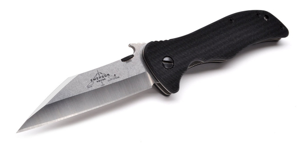 Emerson Knives Seax SF Folding Knife, Satin 3.8" Plain Edge 154CM Blade, Black G-10 Handle, Emerson "Wave" Opener