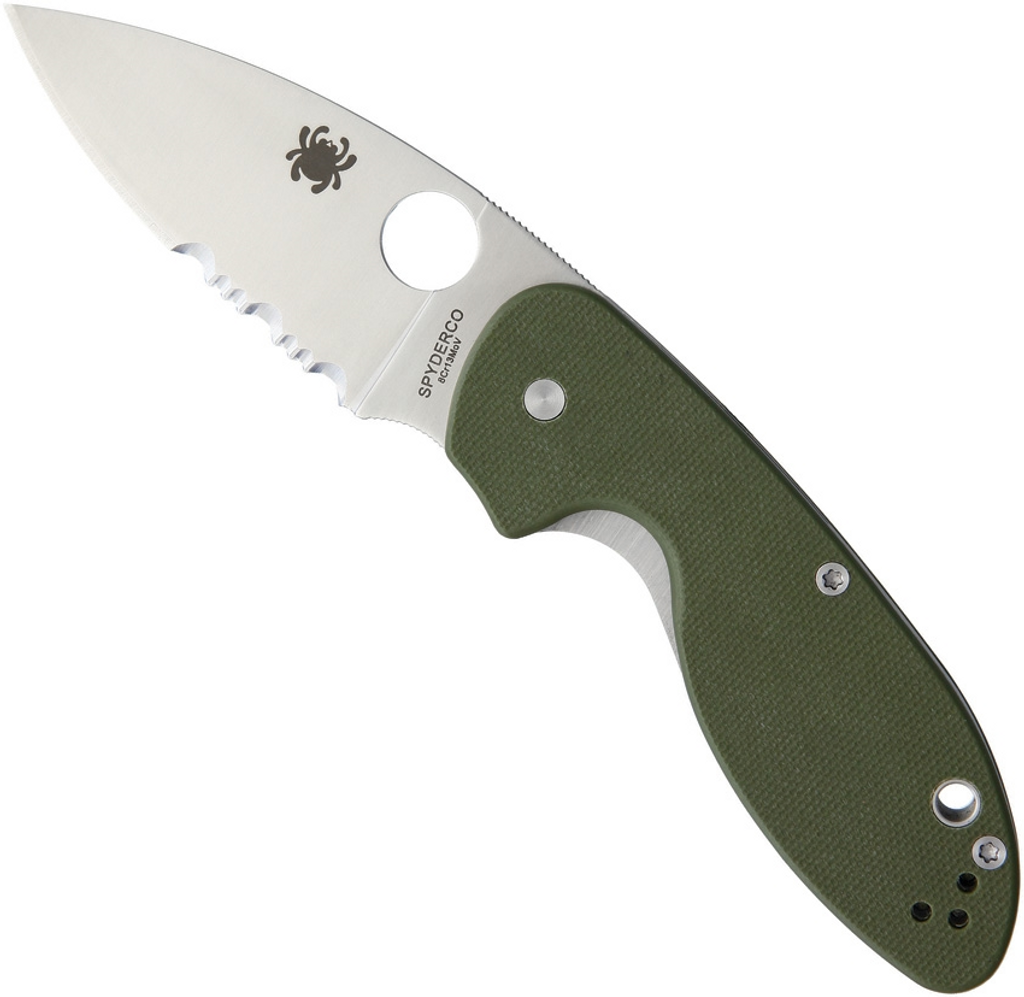 Spyderco Efficient Blue Ridge Knives Exclusive folding knife with thumb hole - shown open presentation side.  Satin 8Cr13MoV stainless steel combo edge blade.  Green G-10 handle.  Model C216GPSGR.
For reference only.
