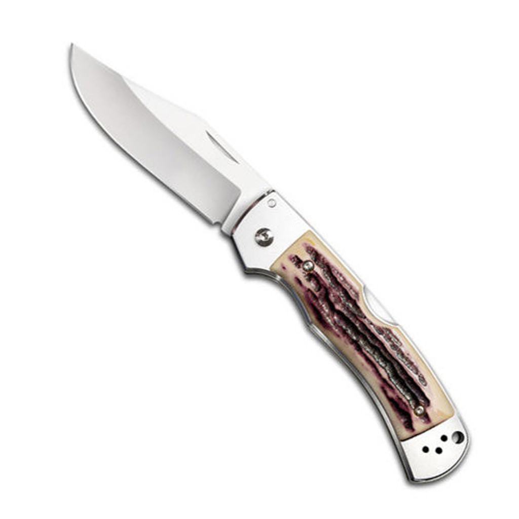 Cold Steel Mackinac Hunter folding knife  with nail nick - shown open presentation side.  AUS-8A stainless steel plain edge blade.  Delrin Faux Stag Horn handle.  Model 54FBN.
For reference only.