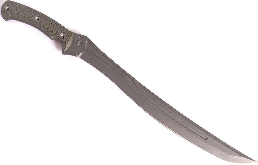 RMJ Tactical Wyvern fixed blade short sword - shown out of sheath obverse.  Tungsten Cerakote 3V steel plain edge blade.  Dirty Olive G-10 handle. 