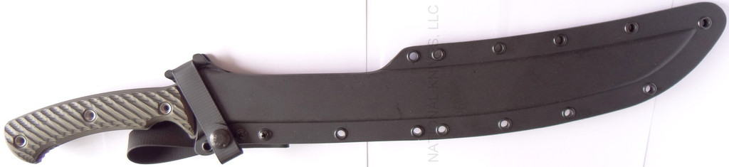RMJ Tactical Wyvern fixed blade short sword - shown in sheath obverse.  Tungsten Cerakote 3V steel plain edge blade.  Dirty Olive G-10 handle. 