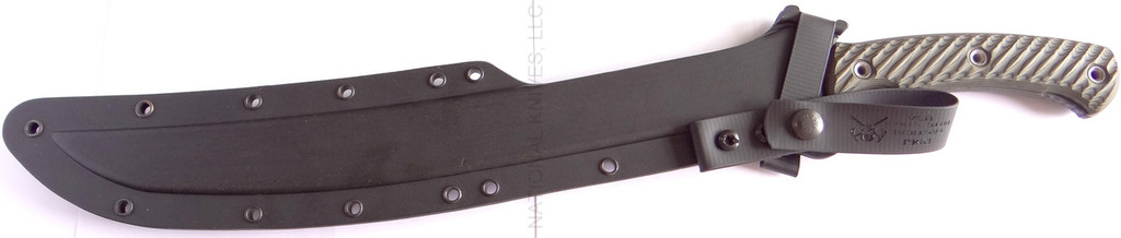 RMJ Tactical Wyvern fixed blade short sword - shown in sheath reverse.  Tungsten Cerakote 3V steel plain edge blade.  Dirty Olive G-10 handle. 