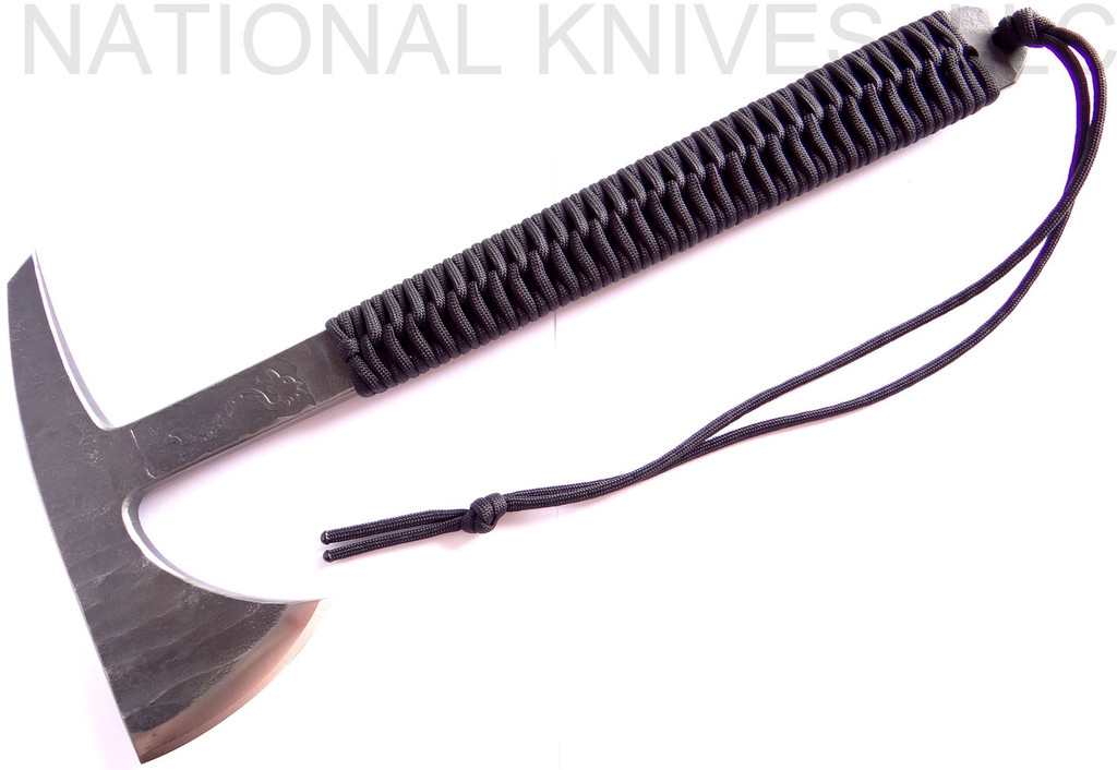 RMJ Tactical Custom Range 37 Kestrel tomahawk - shown out of sheath reverse.  80CRV2 steel plain edge head.  Black cord-wrapped handle.
For reference only.