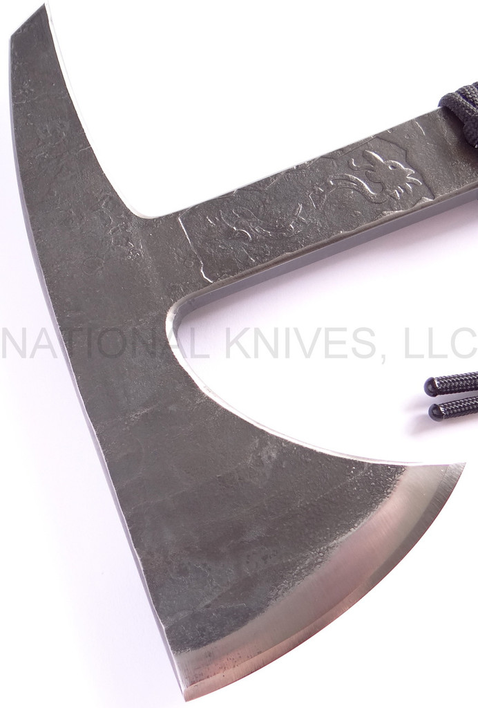 RMJ Tactical Custom Range 37 Kestrel tomahawk - shown close up of head out of sheath reverse.  80CRV2 steel plain edge head.  Black cord-wrapped handle.
For reference only.
