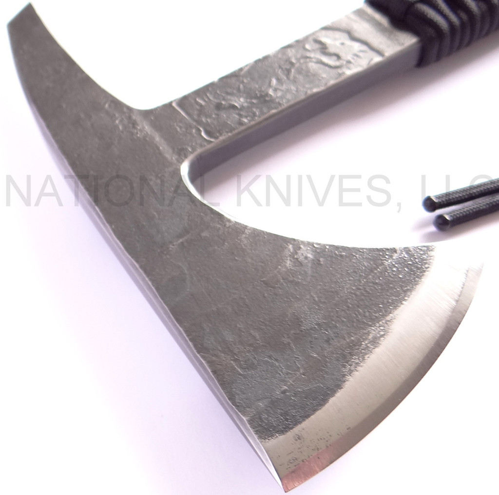 RMJ Tactical Custom Range 37 Kestrel tomahawk - shown close up of head out of sheath reverse.  80CRV2 steel plain edge head.  Black cord-wrapped handle.
For reference only.