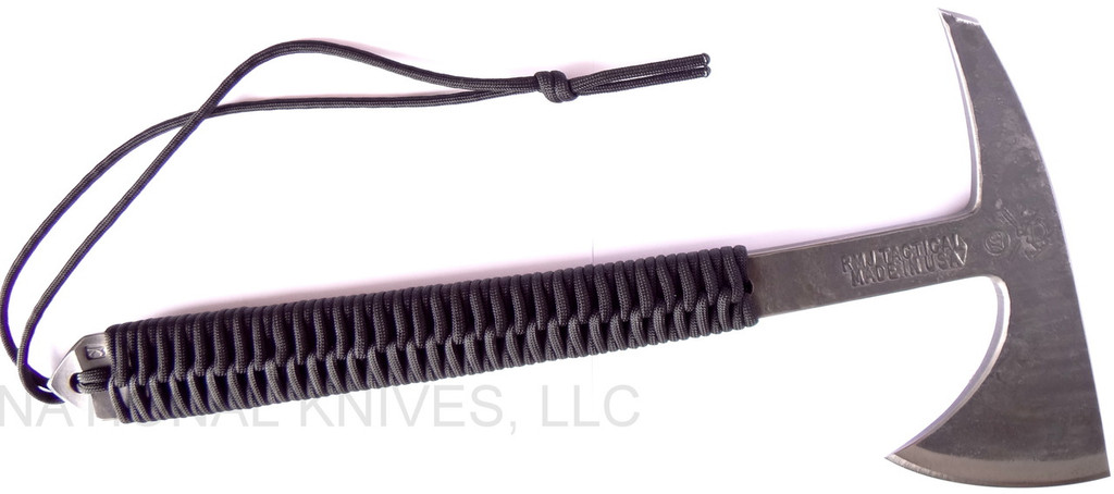 RMJ Tactical Custom Range 37 Kestrel tomahawk - shown out of sheath obverse.  80CRV2 steel plain edge head.  Black cord-wrapped handle.
For reference only.