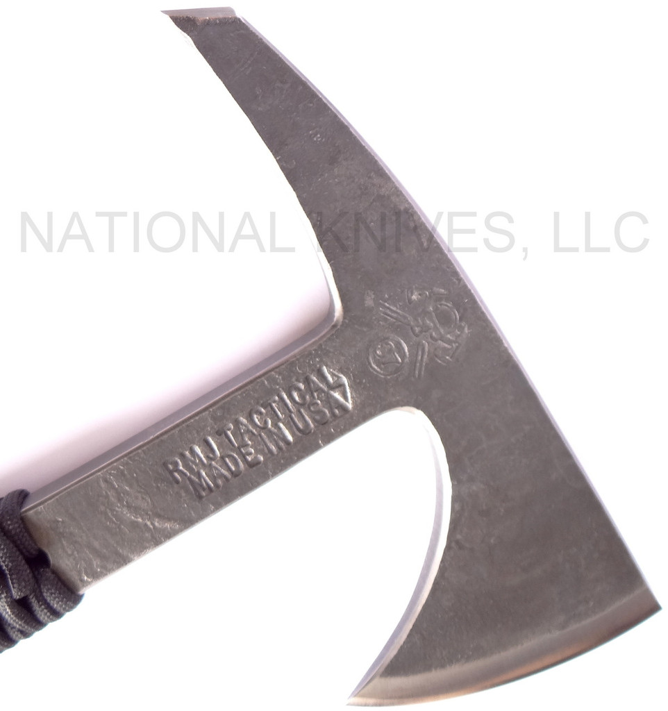 RMJ Tactical Custom Range 37 Kestrel tomahawk - shown close up of head out of sheath obverse.  80CRV2 steel plain edge head.  Black cord-wrapped handle.
For reference only.