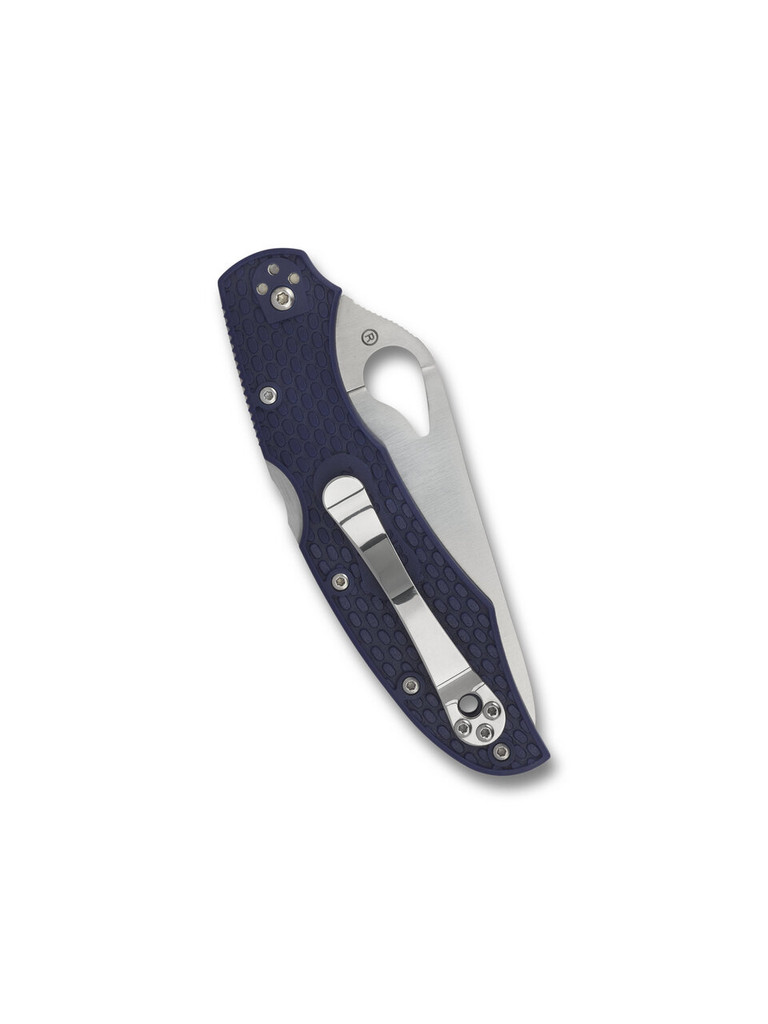 Byrd Knives Cara Cara 2 folding knife with thumb slot - shown closed pocket clip side.  Satin 8Cr13MoV stainless steel plain edge blade.  Blue FRN handle.  Model BY03PBL2.
For reference only.