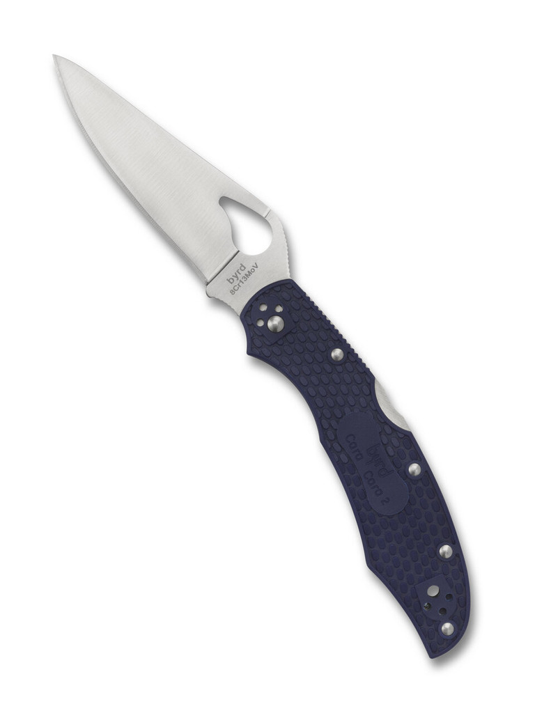 Byrd Knives Cara Cara 2 folding knife with thumb slot - shown open presentation side.  Satin 8Cr13MoV stainless steel plain edge blade.  Blue FRN handle.  Model BY03PBL2.
For reference only.