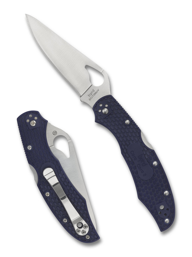 Byrd Knives Cara Cara 2 folding knife with thumb slot - shown both open presentation side and closed pocket clip side.  Satin 8Cr13MoV stainless steel plain edge blade.  Blue FRN handle.  Model BY03PBL2.
For reference only.