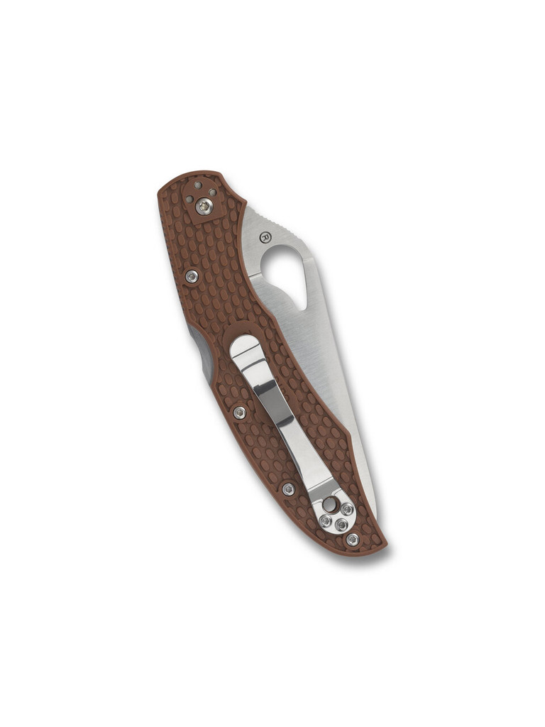 Byrd Knives Cara Cara 2 folding knife with thumb slot - shown closed pocket clip side.  Satin 8Cr13MoV stainless steel plain edge blade.  Brown FRN handle.  Model BY03PBN2.
FOR REFERENCE ONLY.
