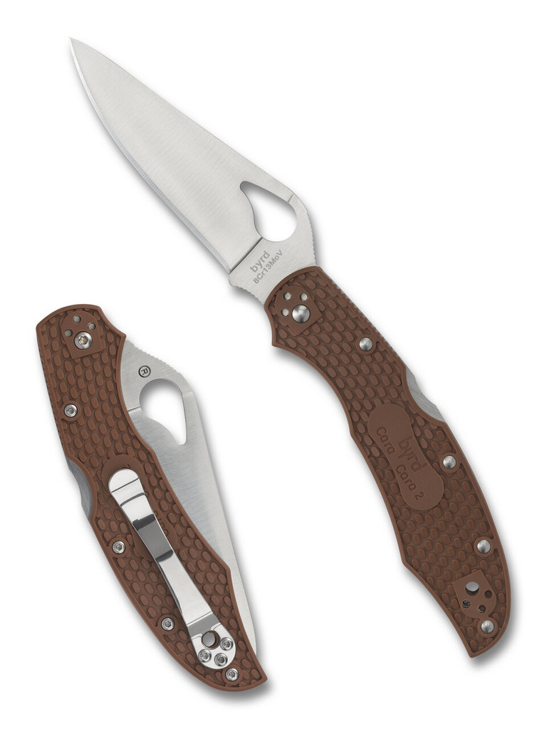 Byrd Knives Cara Cara 2 folding knife with thumb slot - shown both open presentation side and closed pocket clip side.  Satin 8Cr13MoV stainless steel plain edge blade.  Brown FRN handle.  Model BY03PBN2.
FOR REFERENCE ONLY.
