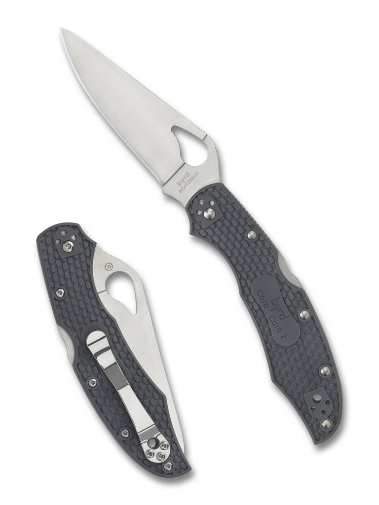 Byrd Knives Cara Cara 2 folding knife with thumb slot - shown both open presentation side and closed pocket clip side.  Satin 8Cr13MoV stainless steel plain edge blade.  Gray FRN handle.  Model BY03PGY2.
For reference only.
