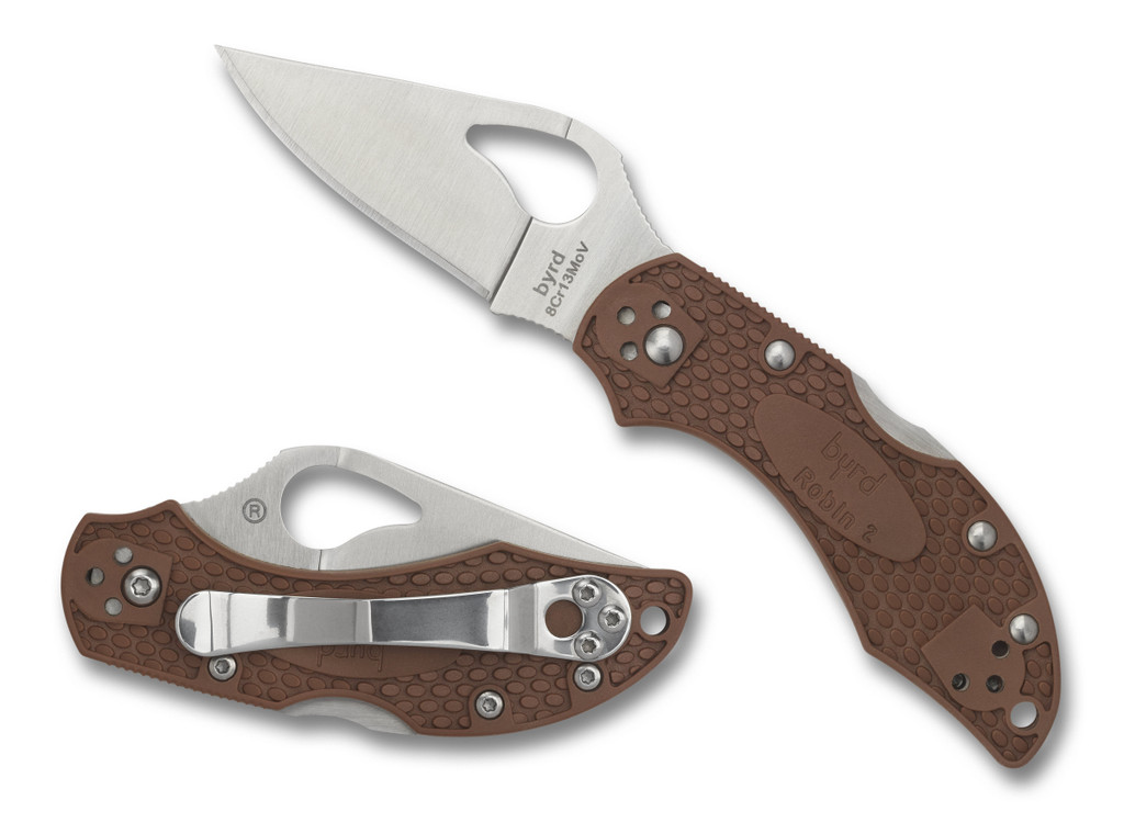 Byrd Knives Robin 2 folding knife with thumb slot - shown both open presentation side and closed pocket clip side.  Satin 8Cr13MoV stainless steel plain edge blade.  Brown FRN handle.  Model BY10PBN2.
For reference only.