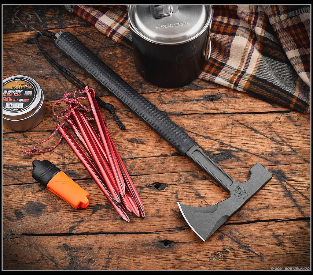 RMJ Tactical Loggerhead tomahawk - shown out of sheath obverse.  Tungsten Cerakote 80CRV2 plain edge head.  Black rubber handle.  Model T-L15-TU-BL.