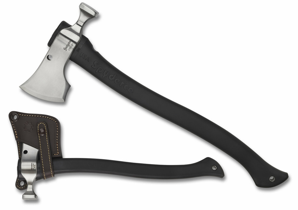 Spyderco Genzow Hatchet Hawk tomahawk - shown out of sheath reverse and in sheath obverse.  Satin 5160 steel plain edge head.  Black Polymer handle.  Model H02.
For reference only.
