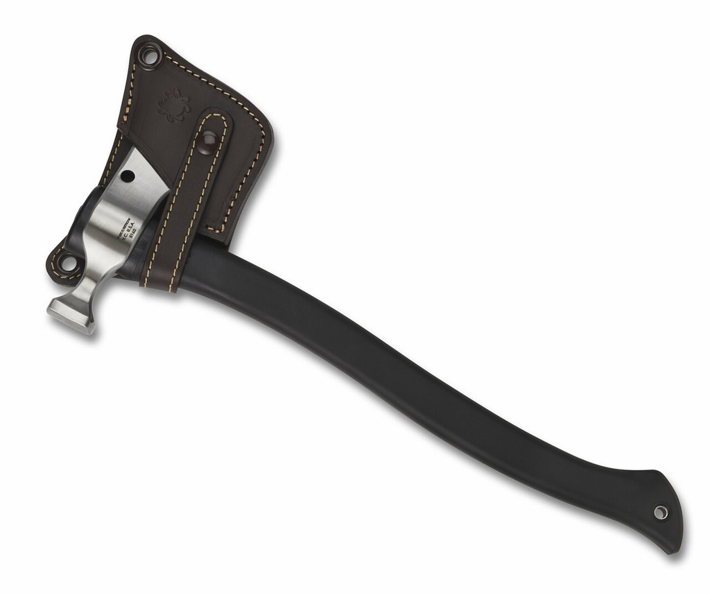 Spyderco Genzow Hatchet Hawk tomahawk - shown in sheath obverse.  Satin 5160 steel plain edge head.  Black Polymer handle.  Model H02.
For reference only.


