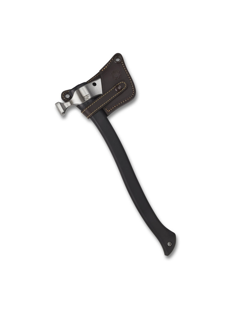 Spyderco Genzow Hatchet Hawk tomahawk - shown in sheath obverse.  Satin 5160 steel plain edge head.  Black Polymer handle.  Model H02.
For reference only.
