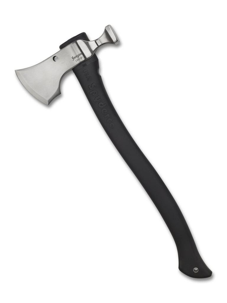 Spyderco Genzow Hatchet Hawk tomahawk - shown out of sheath reverse.  Satin 5160 steel plain edge head.  Black Polymer handle.  Model H02.
For reference only.
