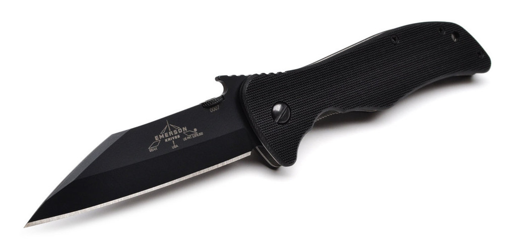 Emerson Knives Seax BT Folding Knife, Black 3.8" Plain Edge 154CM Blade, Black G-10 Handle, Emerson "Wave" Opener