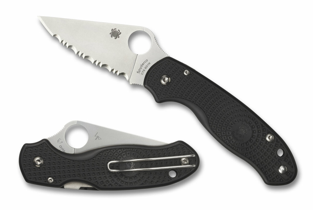 Spyderco Para 3 Salt folding knife with thumb hole - shown open presentation side and closed pocket clip side.  Satin CTS-BD1N stainless steel serrated edge blade.  Black FRN handle.  Model C223SBK.