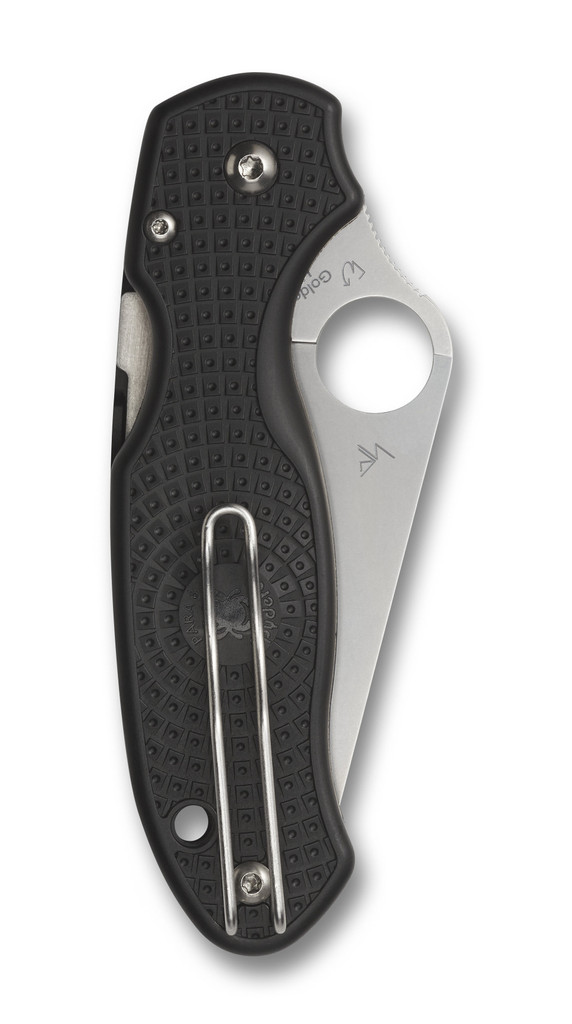 Spyderco Para 3 Salt folding knife with thumb hole - shown closed pocket clip side.  Satin CTS-BD1N stainless steel serrated edge blade.  Black FRN handle.  Model C223SBK.