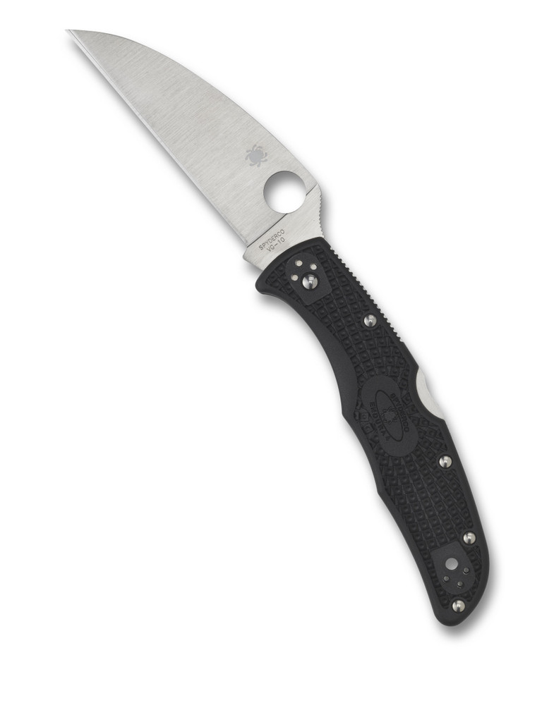 Spyderco Endura 4 folding knife with thumb hole - shown open presentation side.  Satin VG-10 stainless steel, wharncliffe style, plain edge blade.  Black FRN handle.  Model C10FPWCBK.