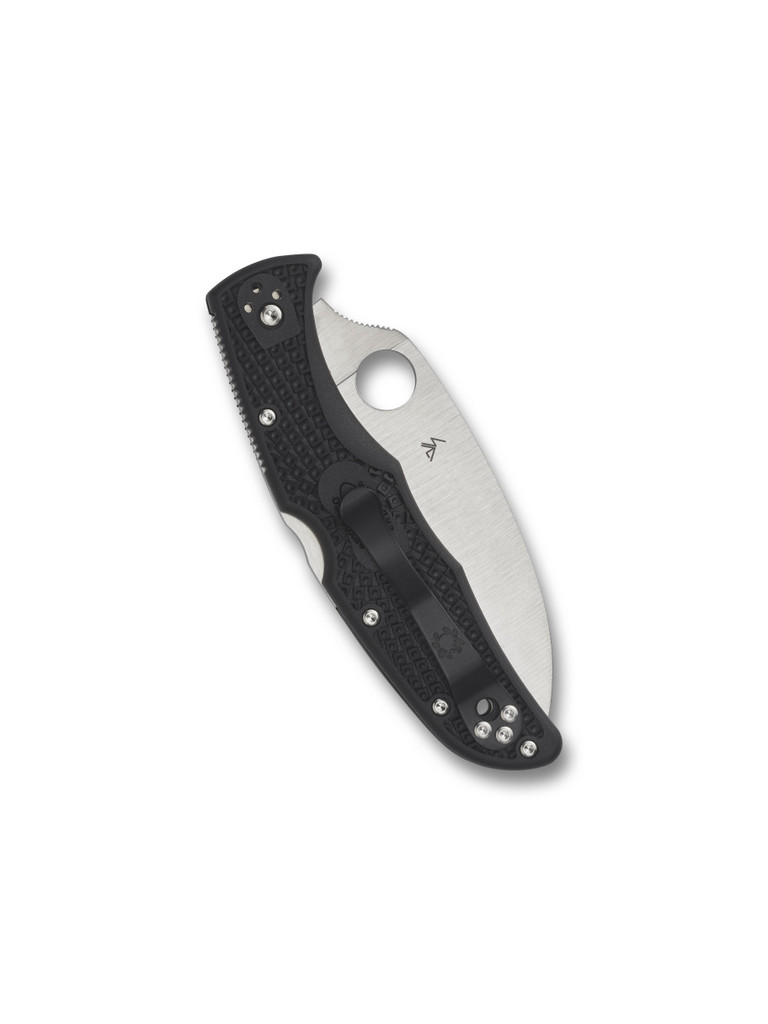 Spyderco Endura 4 folding knife with thumb hole - shown closed pocket clip side.  Satin VG-10 stainless steel, wharncliffe style, plain edge blade.  Black FRN handle.  Model C10FPWCBK.