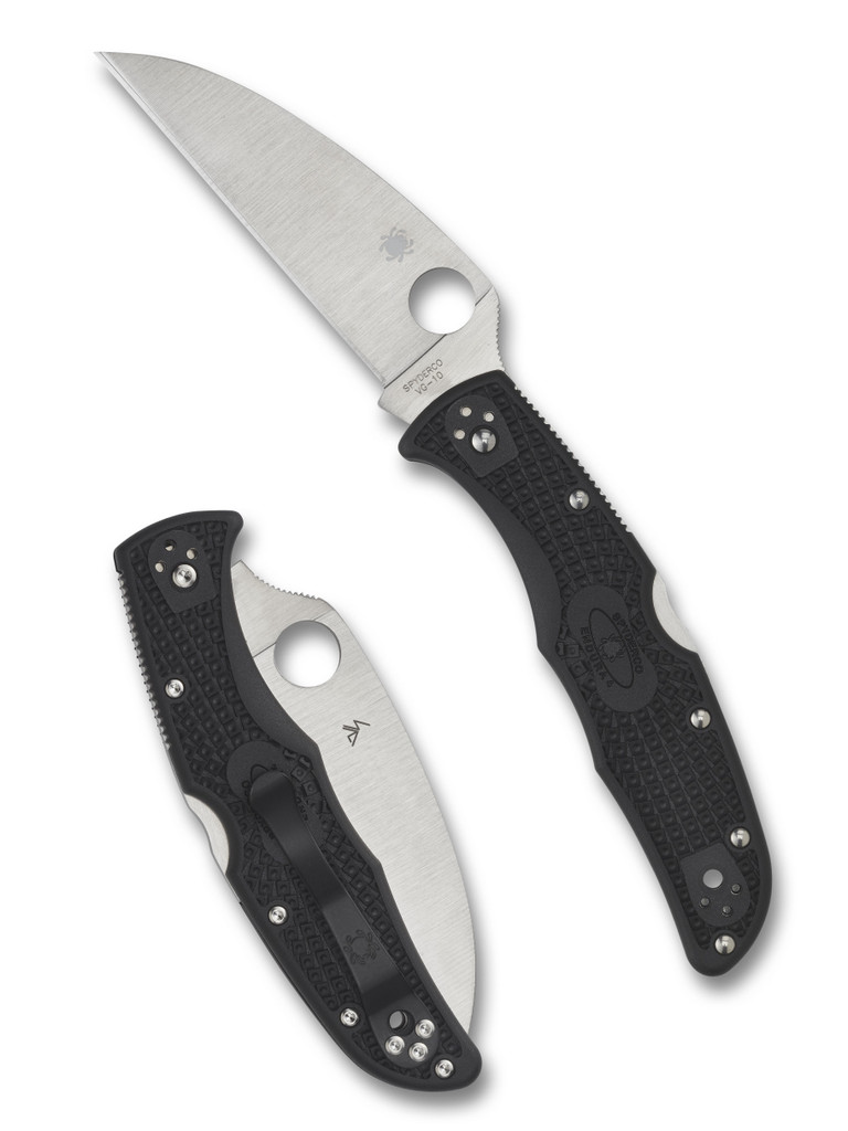 Spyderco Endura 4 folding knife with thumb hole - shown open presentation side and closed pocket clip side.  Satin VG-10 stainless steel, wharncliffe style, plain edge blade.  Black FRN handle.  Model C10FPWCBK.

