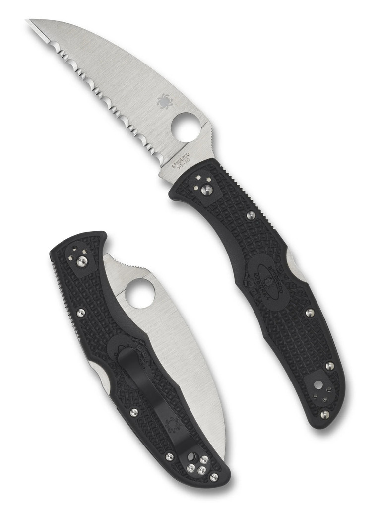 Spyderco Endura 4 folding knife with thumb hole - shown open presentation side and closed pocket clip side.  Satin VG-10 stainless steel, wharncliffe style, serrated edge blade.  Black FRN handle.  Model C10FSWCBK.
