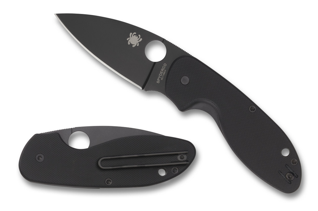 Spyderco Efficient folding knife with thumb hole - shown open presentation side and closed lock side.  Black 8Cr13MoV stainless steel plain edge blade.  Black G-10 handle.  Model C216GPBBK.