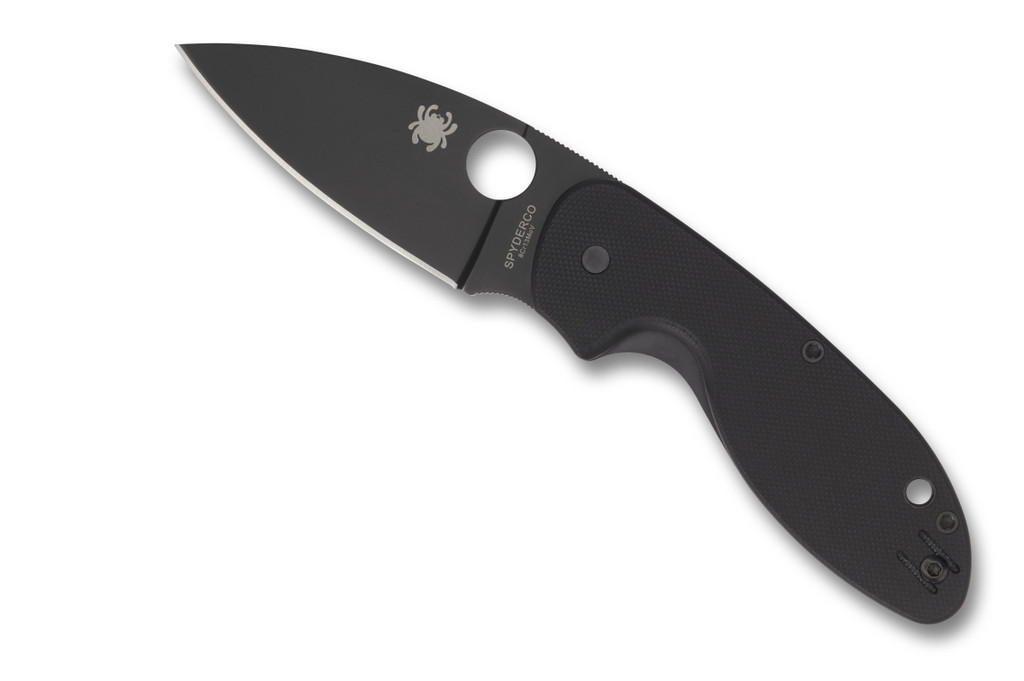 Spyderco Efficient folding knife with thumb hole - shown open presentation side.  Black 8Cr13MoV stainless steel plain edge blade.  Black G-10 handle.  Model C216GPBBK.