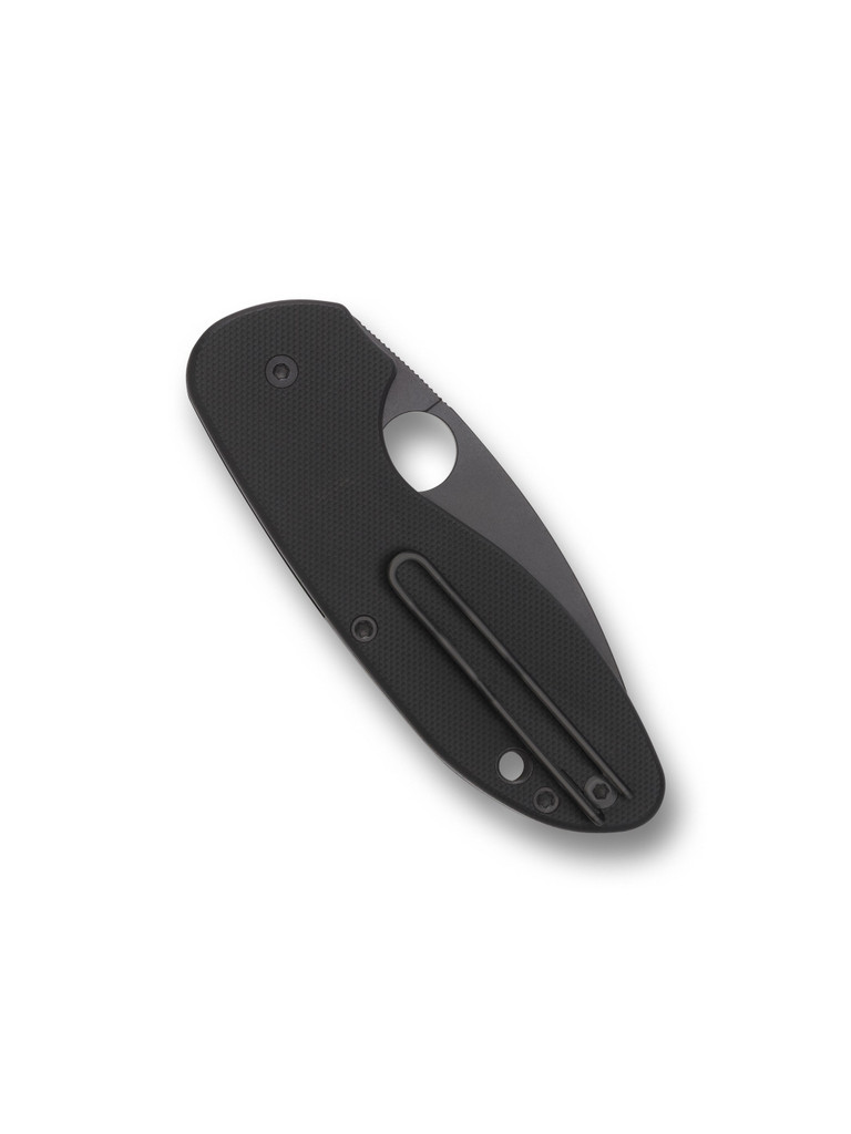 Spyderco Efficient folding knife with thumb hole - shown closed lock side.  Black 8Cr13MoV stainless steel plain edge blade.  Black G-10 handle.  Model C216GPBBK.