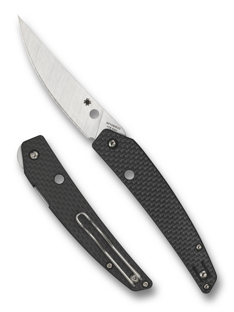 Spyderco Ikuchi folding knife with blade hole and flipper - shown open presentation side and closed pocket clip side.  Satin S30V stainless steel plain edge blade.  Black carbon fiber and G-10 laminate handle.  Model C242CFP.