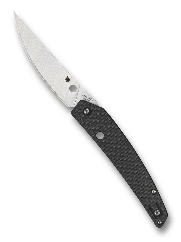 Spyderco Ikuchi folding knife with blade hole and flipper - shown open presentation side.  Satin S30V stainless steel plain edge blade.  Black carbon fiber and G-10 laminate handle.  Model C242CFP.