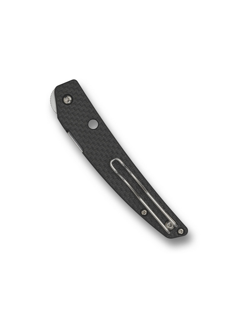 Spyderco Ikuchi folding knife with blade hole and flipper - shown closed pocket clip side.  Satin S30V stainless steel plain edge blade.  Black carbon fiber and G-10 laminate handle.  Model C242CFP.