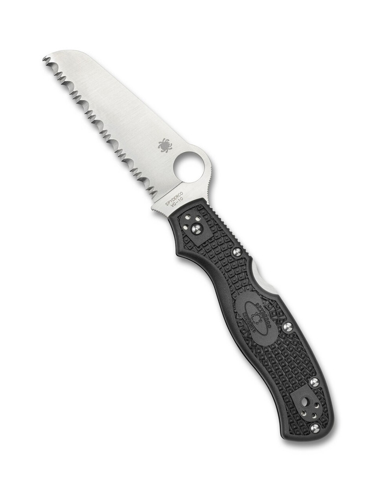 Spyderco Rescue 3 folding knife with thumb hole - shown open presentation side.  Satin VG-10 stainless steel, flat ground, serrated edge blade. Black FRN handle.  Model C14SBK3.