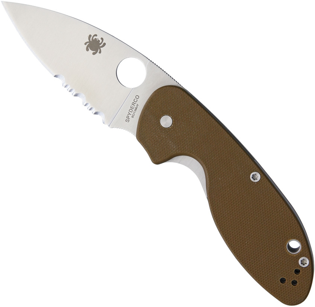 Spyderco Efficient Blue Ridge Knives Exclusive folding knife with thumb hole - shown open presentation side.  Satin 8Cr13MoV stainless steel combo edge blade.  Brown G-10 handle.  Model C216GPSBN.
For reference only.
