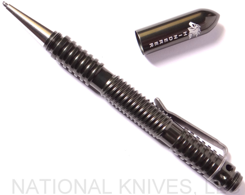 Rick Hinderer Knives Extreme Duty ink pen - shown with cap off.  Spiral polished OD green aluminum construction.  Model P58022A4OD.