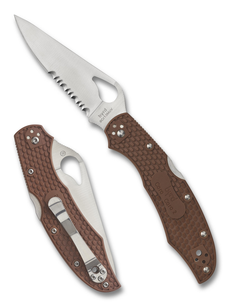 Byrd Knives Cara Cara 2 folding knife with thumb slot - shown both open presentation side and closed pocket clip side.  Satin 8Cr13MoV stainless steel combo edge blade.  Brown FRN handle.  Model BY03PSBN2.
For reference only.