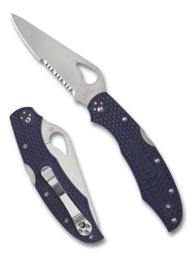 Byrd Knives Cara Cara 2 folding knife with thumb slot - shown both open presentation side and closed pocket clip side.  Satin 8Cr13MoV stainless steel combo edge blade.  Blue FRN handle.  Model BY03PSBL2.
For reference only.