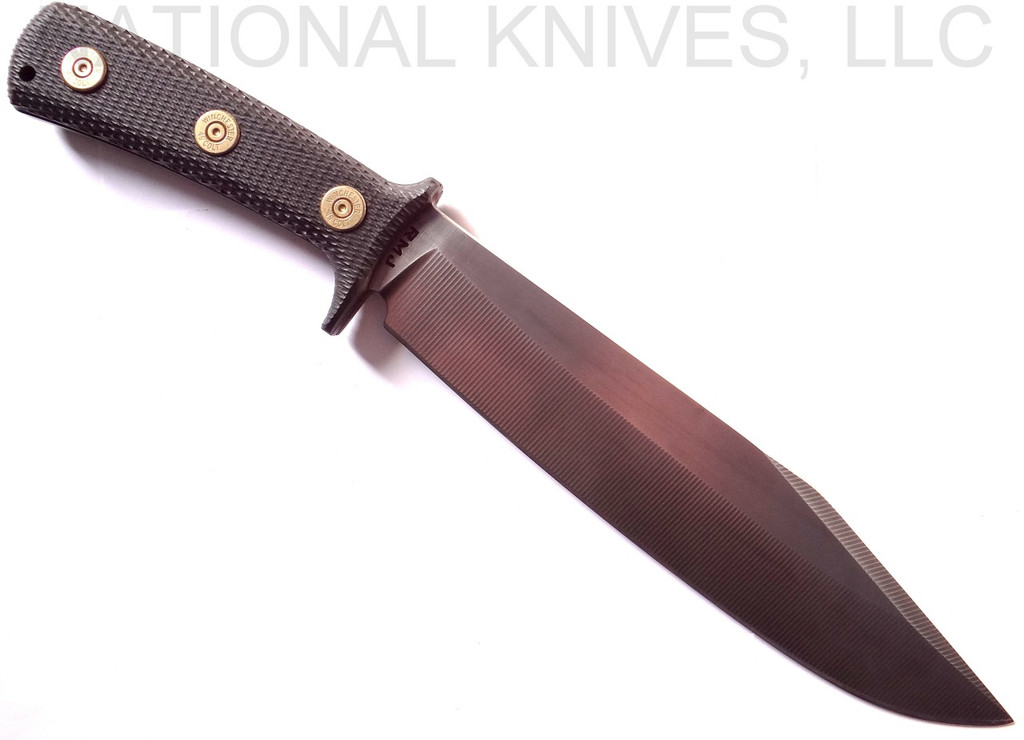 REFERENCE ONLY - RMJ Tactical Custom Humble Bowie Fixed Blade Knife, A2 Plain Edge Blade, Black G-10 Handle, Leather Sheath