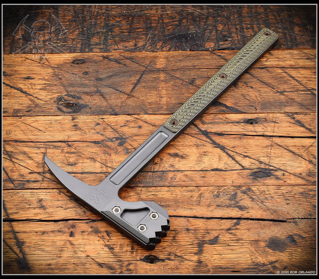 RMJ Tactical Snuggles 18" tactical hammer - shown reverse.  Tungsten Cerakote 80CRV2 steel head.  Dirty Olive G-10 handle.