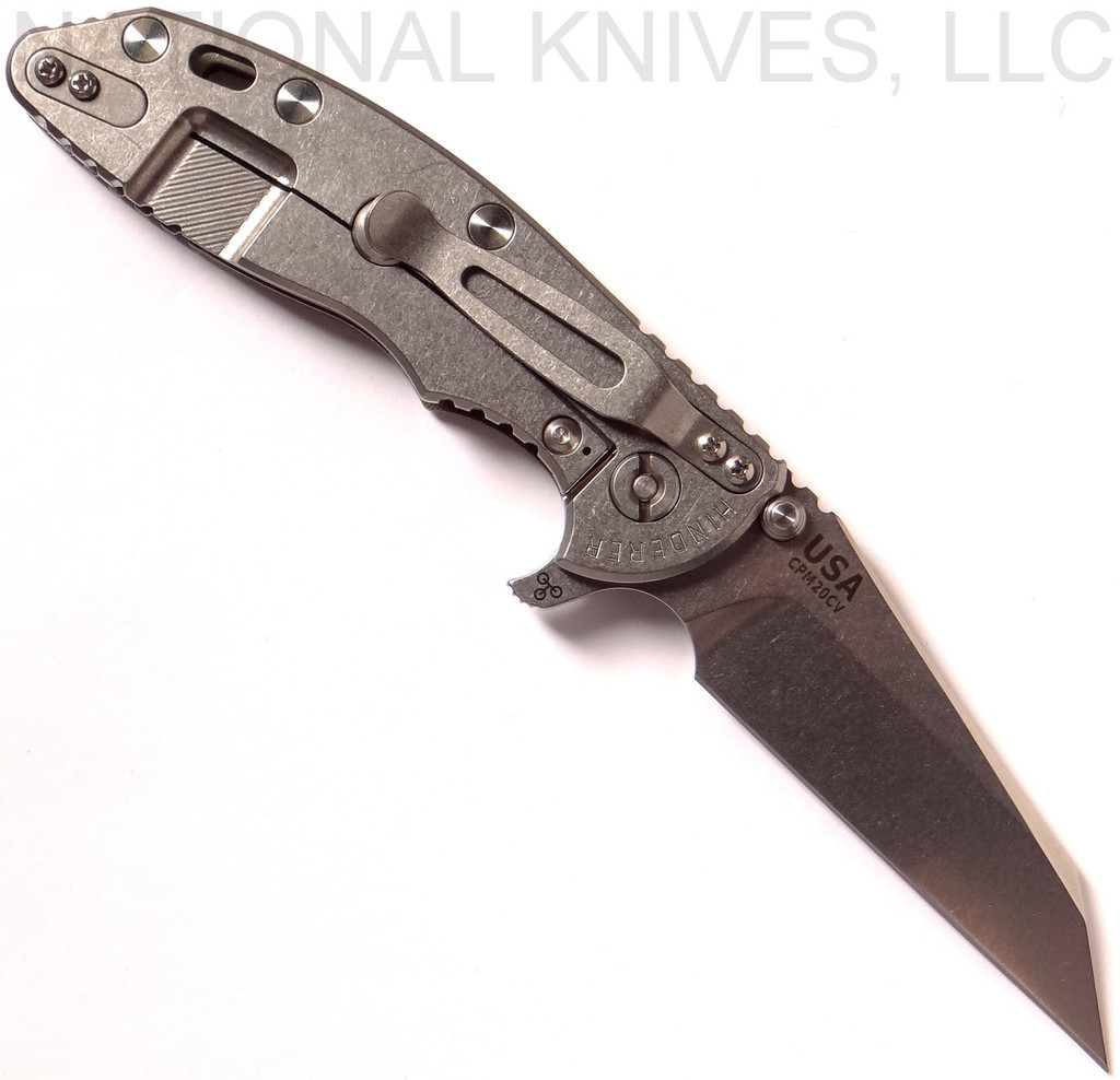 Rick Hinderer Knives XM-18 FATTY Wharncliffe Flipper Knife, Stonewashed 3.5" CPM-20CV  Plain Edge Blade, Stonewashed Titanium Lockside, Olive Drab G-10 Handle - Tri-Way Pivot